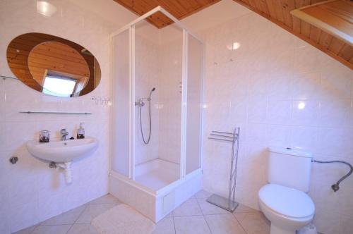 新里斯拉Penzión Belvia的带淋浴、卫生间和盥洗盆的浴室