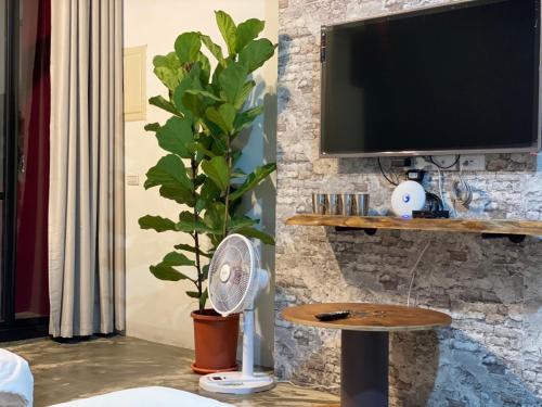 龙井艺芝龟的一间带电视和植物的客厅