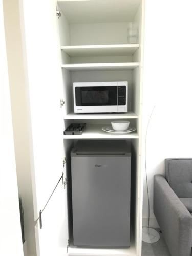 MinworthApartment style Space的一间带微波炉和冰箱的小厨房