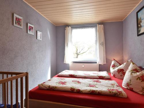 奥斯特巴德里克Spacious Holiday Home in Russow with Private Terrace的卧室内的一张床位,卧室设有窗户和红色床垫