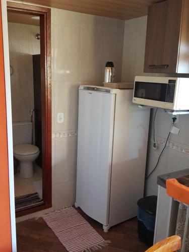 巴拉迪圣若昂Quitinete -Tamoios - Cabo Frio的小厨房配有冰箱和微波炉。