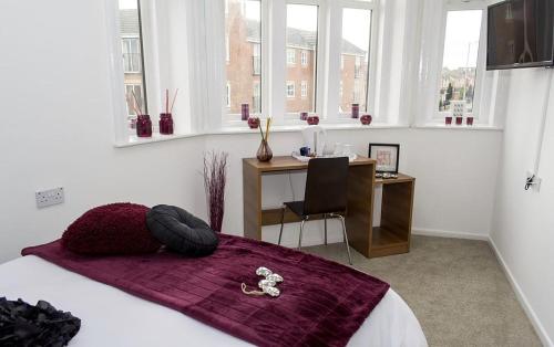 曼彻斯特Parkview Residence的卧室配有一张床、一张书桌和窗户。