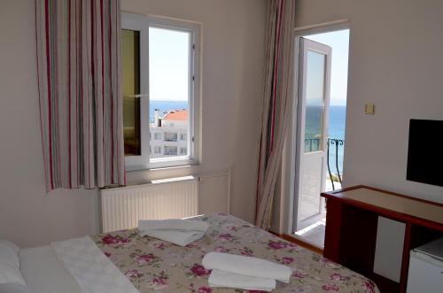艾瓦勒克米兰大酒店的酒店客房设有一张床和两个窗户。