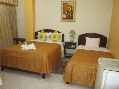 特鲁希略Hotel Plaza Bolognesi 344的一间酒店客房,房间内设有两张床