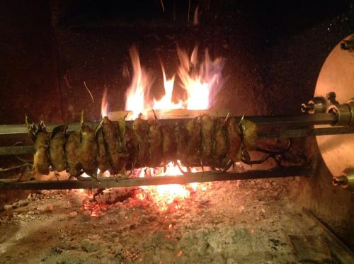 科玛南扎达罗维利诺餐厅酒店的壁炉旁的烧烤炉上烹饪一排食物