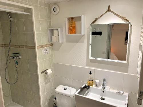 卡奥尔La Chantrerie的带淋浴、盥洗盆和卫生间的浴室