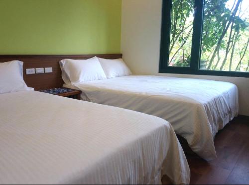 苗栗市遇見台灣百合民宿的客房设有两张床和窗户。