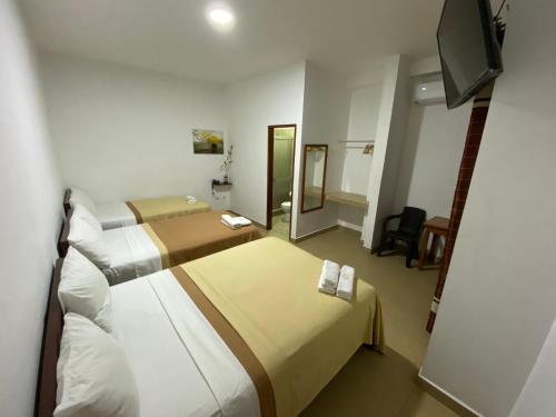 伊基托斯Fitzcarrald Hotel的酒店客房设有两张床和一台平面电视。