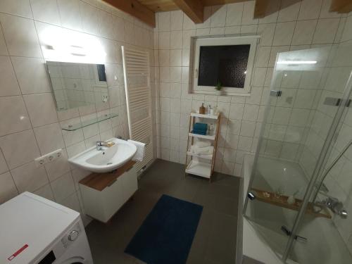 罗伊特Ferienwohnung Ela的白色的浴室设有水槽和淋浴。