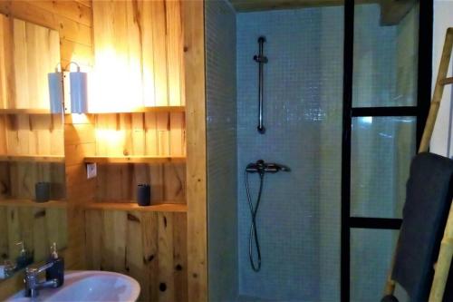 LiaussonStudio 32m2 - dans propriété avec vue imprenable sur le Lac du Salagou的带淋浴和盥洗盆的浴室