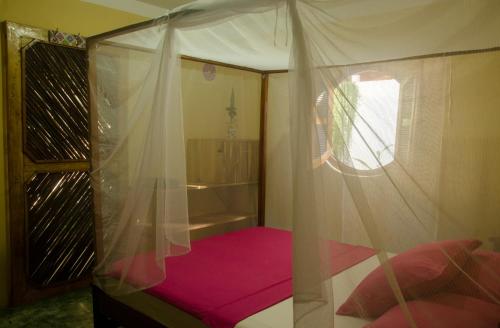 帕洛米诺Hostal Corazón de Tagua的卧室配有一张华盖床,铺有粉红色地板。