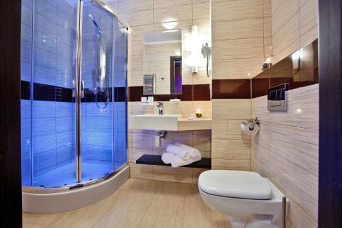 什恰夫尼察布铎拉尼SPA酒店的带淋浴、卫生间和盥洗盆的浴室