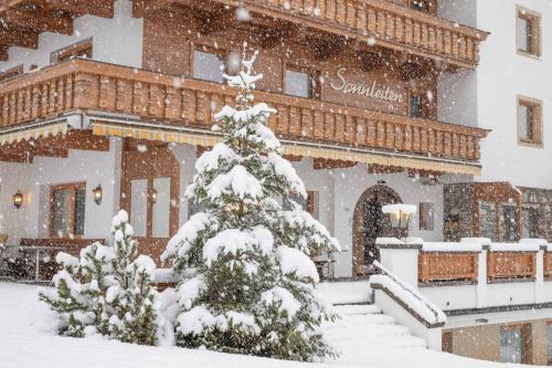 图克斯索莱顿酒店的建筑物前的雪覆盖的圣诞树