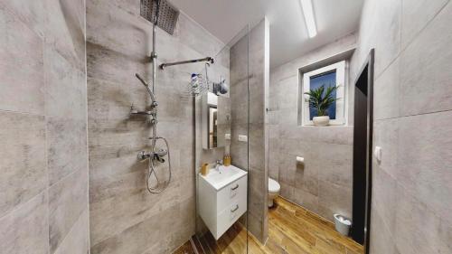 日利纳The Hideout的带淋浴、卫生间和盥洗盆的浴室
