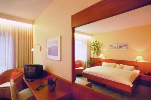 戈赫利特耶斯酒店的一张大镜子,位于酒店带一张床和一张书桌的房间里