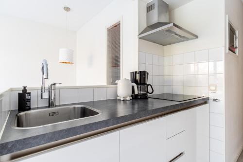 霍勒姆Appartement De Jutter, Resort Amelander Kaap的厨房配有不锈钢水槽和白色橱柜