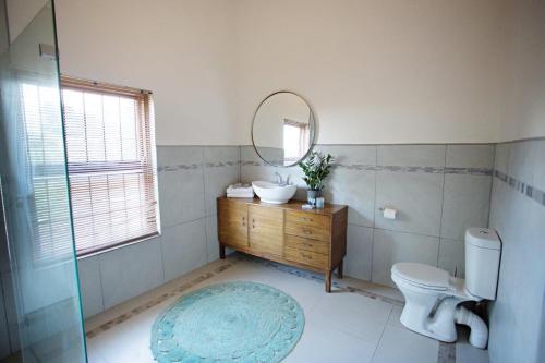 NuyLeipzig Country House & Winery的一间带水槽、镜子和卫生间的浴室