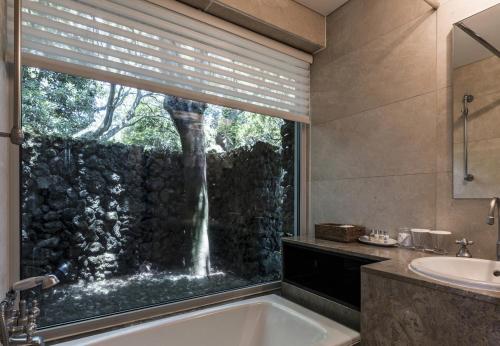 西归浦市西亚斯度假酒店 的浴室设有窗户、浴缸和水槽