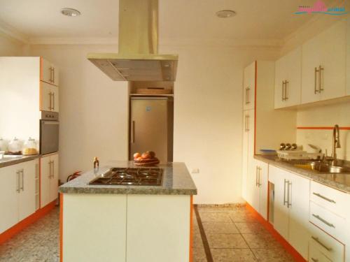 维纳德马Hostal Magnolio的厨房配有白色橱柜和炉灶烤箱。