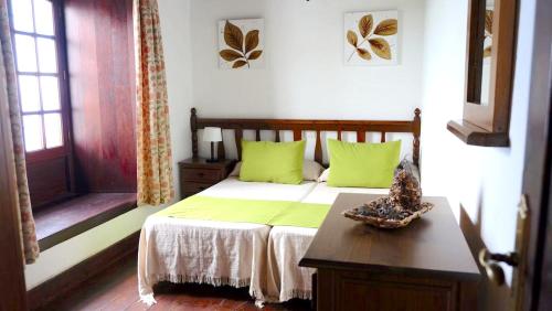 洛西洛斯2 bedrooms appartement with furnished terrace and wifi at Los Silos 5 km away from the beach的一间卧室配有一张带绿色枕头的床和一张桌子
