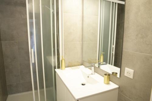 昂古莱姆Appart T2 avec terrasse, parking et wifi的浴室配有盥洗盆和带镜子的淋浴
