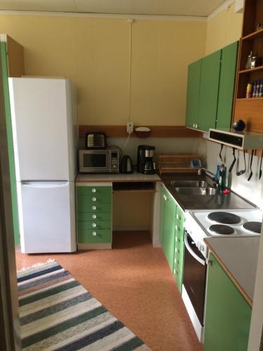 KittelfjällÅ-hemmet i Dikanäs的厨房配有绿色橱柜和白色冰箱