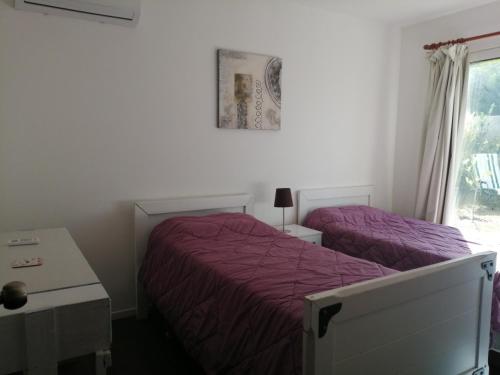 皮里亚波利斯Descanso en Piriápolis的一间卧室设有两张带紫色床单的床和窗户。