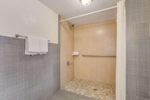 查尔斯顿北查尔斯顿依可诺汽车旅馆的一间带毛巾和淋浴的浴室
