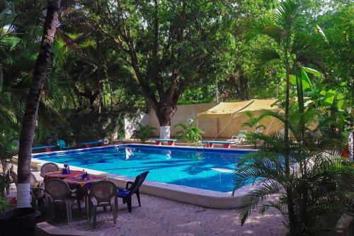 拉利伯塔德Hotel y Restaurante Rincón Familiar的一个带桌椅和树木的游泳池
