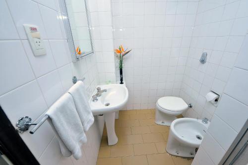 卡萨帕瓦Arcadas Hotel的白色的浴室设有水槽和卫生间。