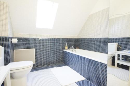Lassay-sur-CroisneDomaine Providence的浴室铺有蓝色瓷砖,设有浴缸和卫生间。