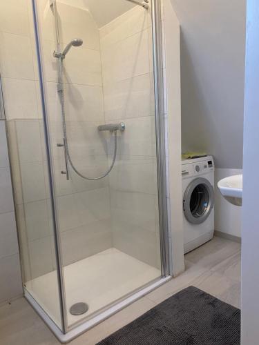 罗拉赫City Apartment的一间带洗衣机的浴室内的淋浴间