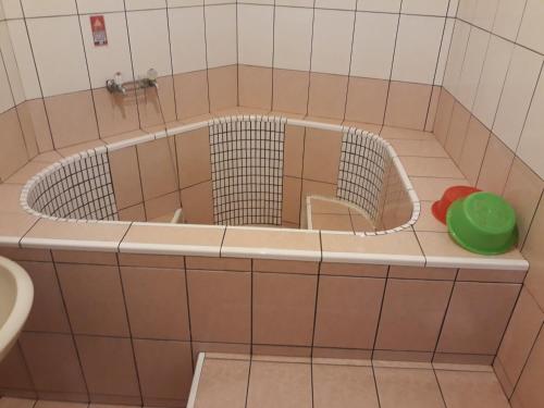 白河宏嶺溫泉山莊的浴室设有浴缸,在柜台上设有绿色球