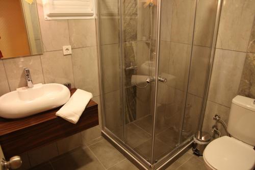 伊兹密尔Lucid Hotel酒店的带淋浴、盥洗盆和卫生间的浴室
