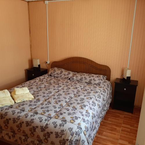 PitrufquénCabaña centro Pitrufquen的卧室内的一张床位,配有2个床头柜和2盏灯