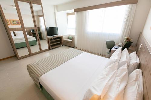 巴西利亚Flat Saint Moritz - Centro de Brasília A319的配有一张大床和镜子的酒店客房