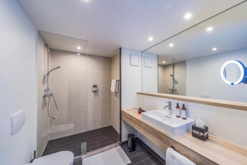 弗莱堡Black F House - Serviced Apartments的一间带水槽、淋浴和镜子的浴室