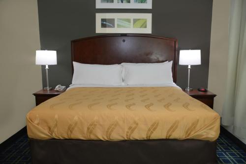 都柏林都柏林品质套房酒店的一张位于酒店客房的床位,配有两盏灯