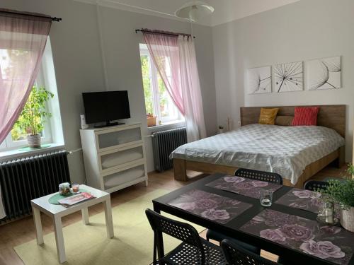陶波尔曹Négy évszak Apartman- Tapolca的一间卧室配有一张床和一张桌子及椅子