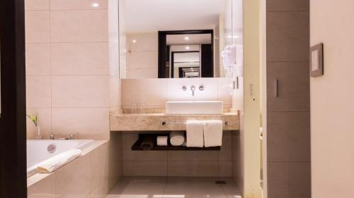 伊瓜苏港Pirayu Hotel & Resort的一间带水槽、浴缸和镜子的浴室