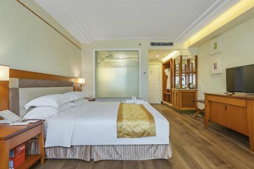 海口海口京衡酒店（原新奥斯罗克酒店）的一间卧室配有一张大床和电视