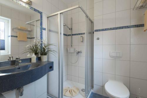 黑灵斯多夫埃德曼加尔尼旅馆的带淋浴、盥洗盆和卫生间的浴室