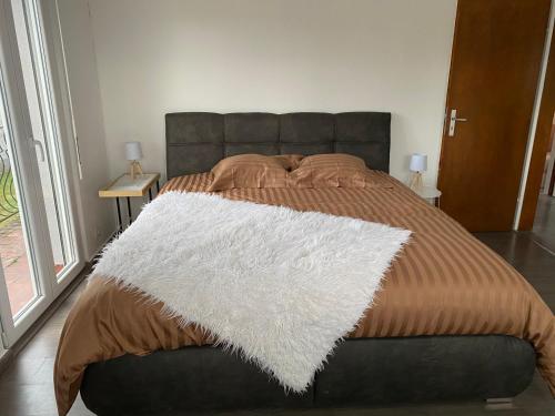 塞莱斯塔Gîte Célia的一间卧室配有一张床铺,床上铺有白色毯子