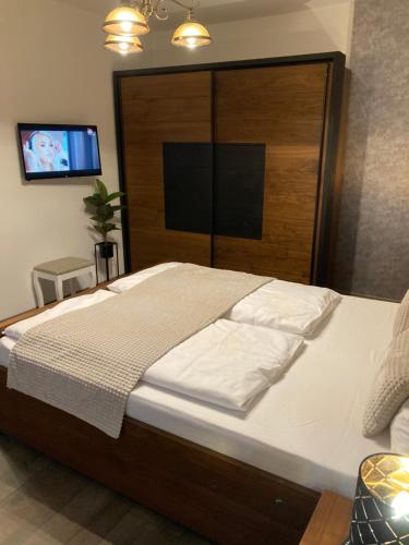 萨图马雷SOLE Apartment 1的一间卧室配有一张大床和木制床头板