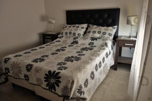 科尔多瓦Balcones De La Riviera的一间卧室配有一张带黑白色棉被的床