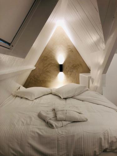 布鲁日Suites Le Porte-Bonheur的一张白色的床,上面有两个枕头