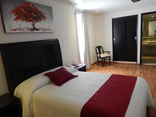 瓜达拉哈拉Roma Guadalajara in downtown的一间卧室配有一张带红色枕头的大床