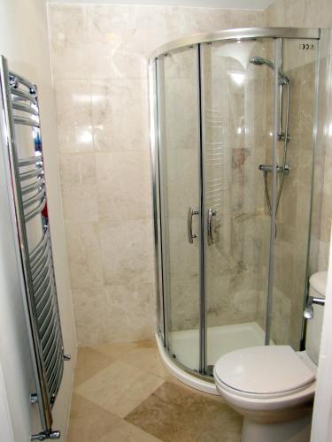 鲍内斯温德米尔Churchills Inn & Rooms的浴室设有玻璃淋浴间和卫生间