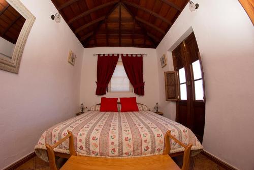 GarafíaCasa Micaela的一间卧室配有一张带红色枕头的床和一扇窗户