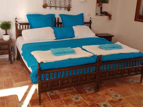 圣何塞德萨塔莱阿Can Xica的一张配有蓝色和白色枕头的大床